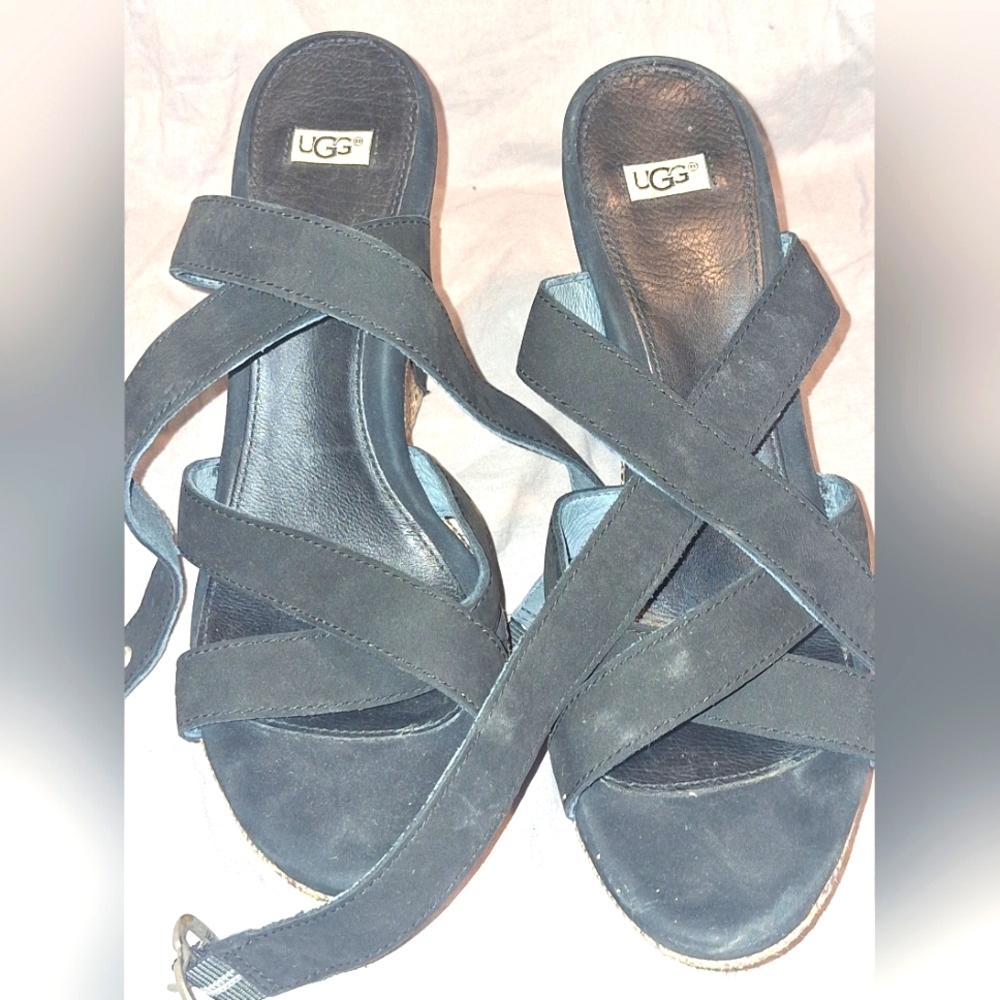 UGG Black Suede Open Toe Wedge Platform Strappy Sandals Women's Size 8.5M